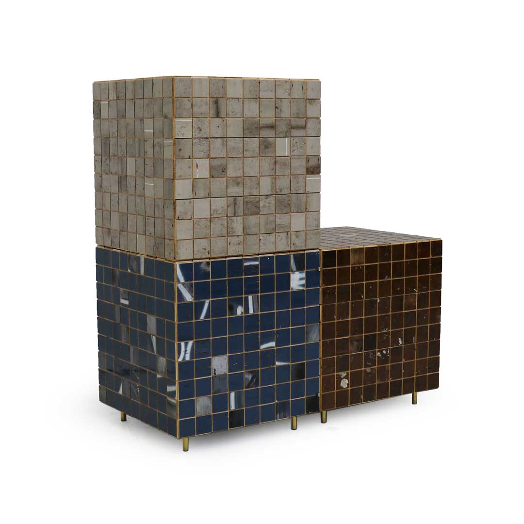 waste tile cube cabinet in scrapwood